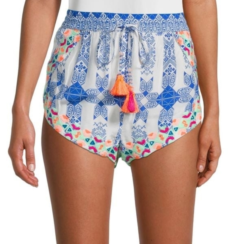 Rococo Sand Blue and White Patterned Mini Shorts XS